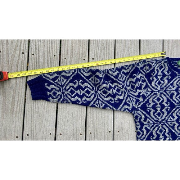 Vintage 1990s J.Crew Outfitters Hand Knit Shetland Wool Sweater Blue Gray L - Picture 9 of 13